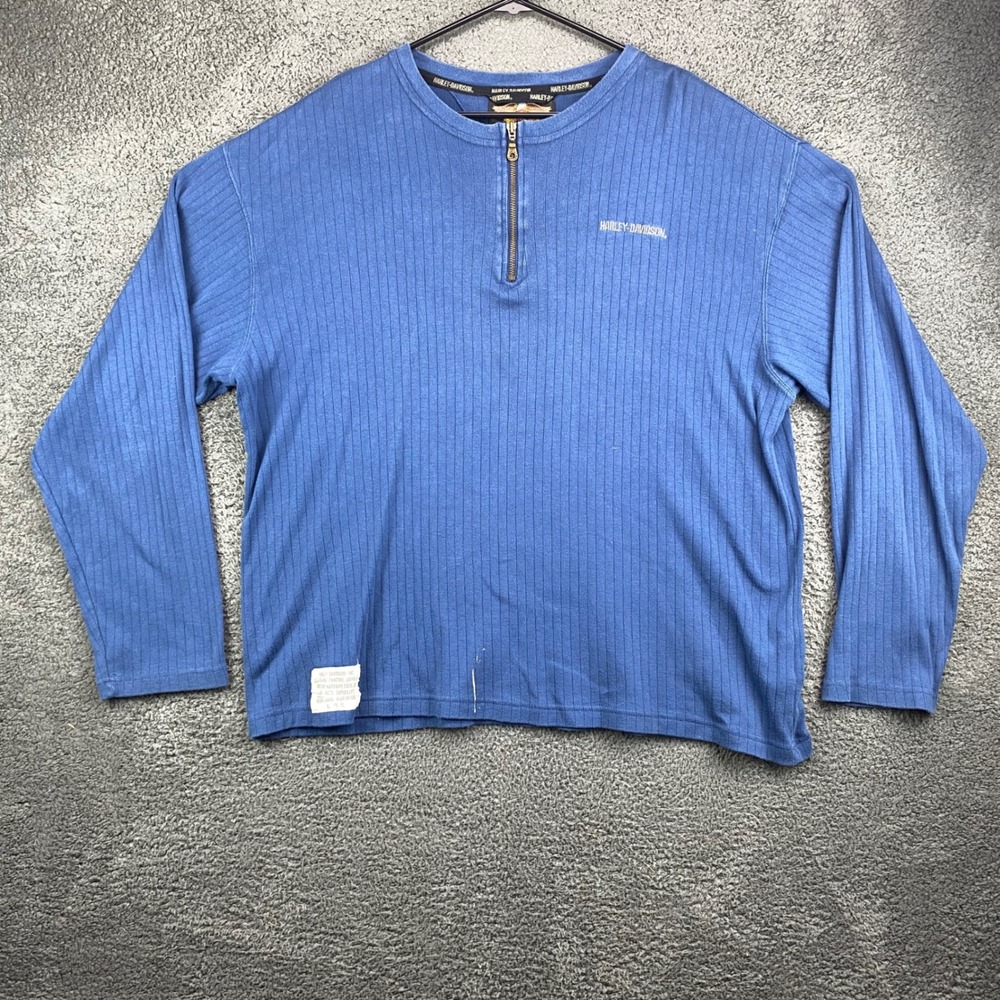 Harley Davidson Mens XL Blue Long Sleeve Ribbed 1/4 Zip Pullover Shirt